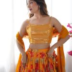 Mustard Yellow Floral Printed Lehenga Set