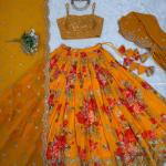 Mustard Yellow Floral Printed Lehenga Set
