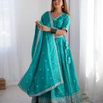 Teal Blue Mirror Work Cotton Lehenga Set