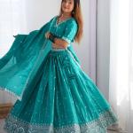 Teal Blue Mirror Work Cotton Lehenga Set