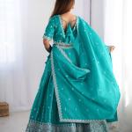 Teal Blue Mirror Work Cotton Lehenga Set