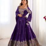 Royal Purple Border Mirror Embroidered Lehenga Set