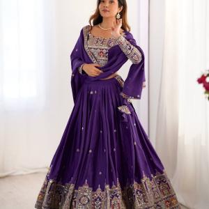 Royal Purple Border Mirror Embroidered Lehenga Set