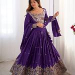 Royal Purple Border Mirror Embroidered Lehenga Set