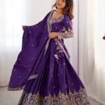 Royal Purple Border Mirror Embroidered Lehenga Set