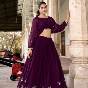 Georgette Wine colour Sequins and Thread Embroidery Work Lehenga Choli
