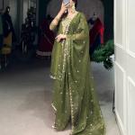 Olive Green Color Sequins And Thread Embroidery Work Gold Coin Salwar Suit