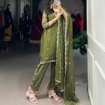 Olive Green Color Sequins And Thread Embroidery Work Gold Coin Salwar Suit