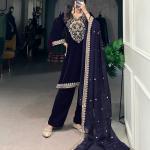Navy Blue Color Sequins And Thread Embroidery Work Velvet Salwar Suit