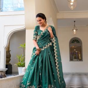 Teal Color Sequins and Thread Embroidery Work Gold Crush Lehenga Choli