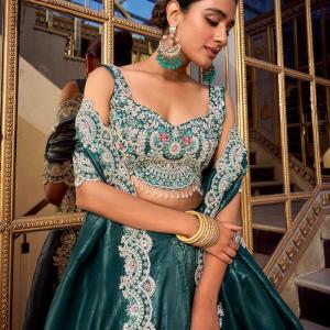 Teal Color Sequins And Thread Embroidery Work Gold Crush Lehenga Choli