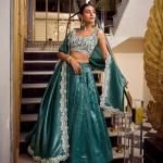 Teal Color Sequins And Thread Embroidery Work Gold Crush Lehenga Choli
