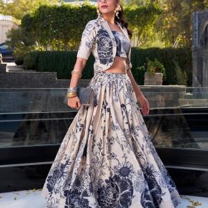 Cream Floral Print Tussar Silk Co-ord Set lehenga Choli