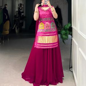 Printed and Handwork Gaji Silk Kurti Plazo Set