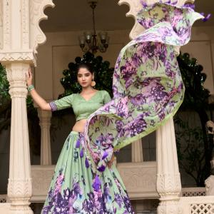 Printed Foil Work Tussar Silk Lehenga Choli