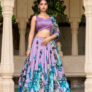 Printed Foil Work Tussar Silk Lehenga Choli