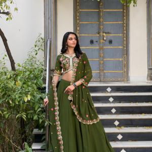 Olive Green Embroidered Lehenga Set